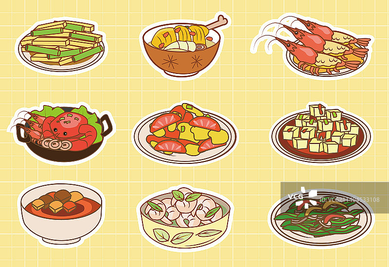 中国特色菜肴粗描边食物菜谱矢量插画绘制图片素材