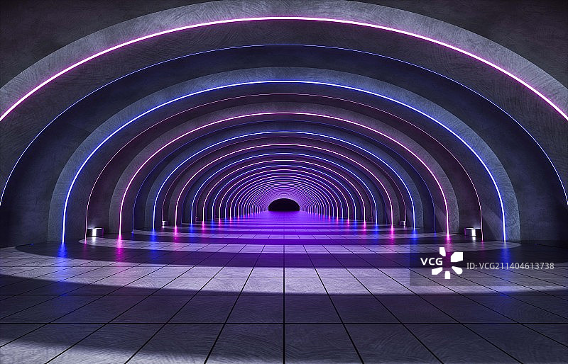 3D立体空间 椭圆形走廊隧道 霓虹发光 水泥地面图片素材