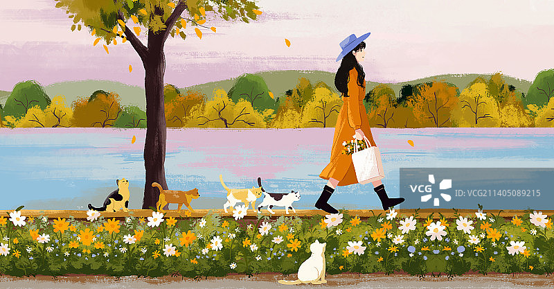 治愈系插画一个女孩和猫咪走在秋天满是花朵的河边小路上图片素材