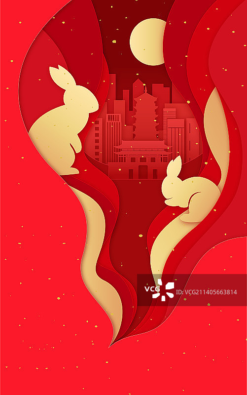 中国传统节日春节兔年新年红色剪纸风格插画图片素材
