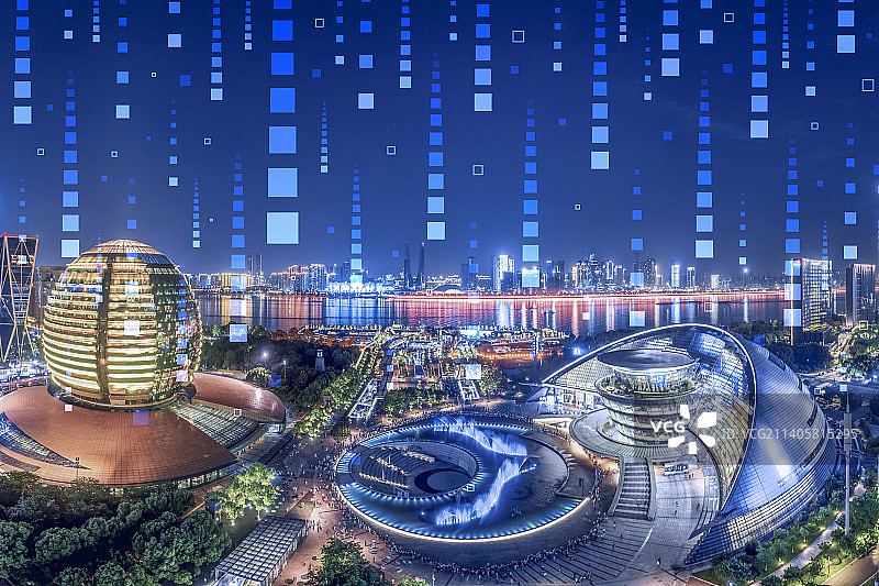 杭州城市建筑风光夜景大数据概念图片素材