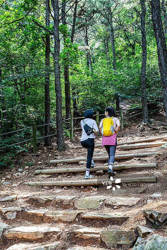韩国年轻女子徒步登山图片素材