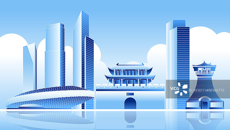 蓝色襄阳城市标志建筑矢量插画图片素材