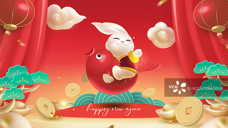 兔年春节背景设计骑着红鲤鱼的可爱兔子图片素材