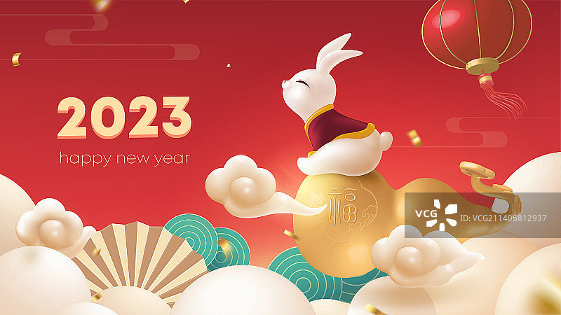 兔年春节红色背景设计坐着金葫芦飞行的可爱图片素材