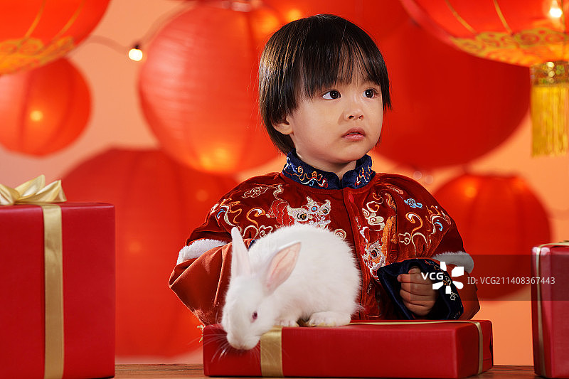 可爱的小男孩收到新年礼物小兔子图片素材