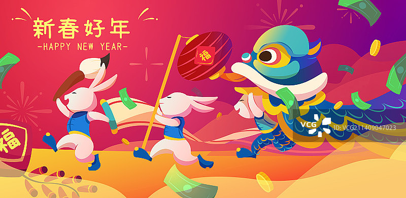 可爱兔子列队新年传统活动 春节贺图图片素材