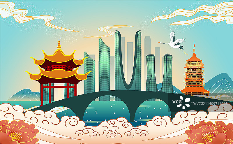 中国浙江省杭州市城市国风海报插画图片素材
