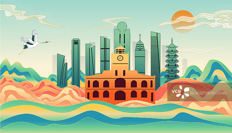 中国江苏无锡市城市复古国潮国风海报插画图片素材