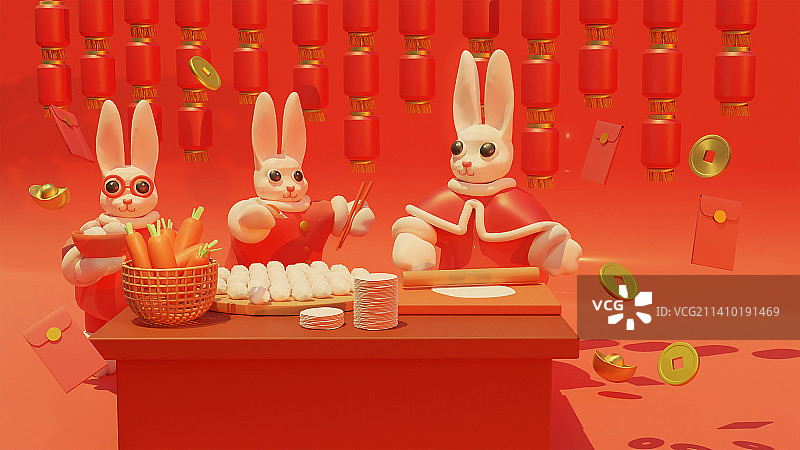兔年年俗包饺子图片素材