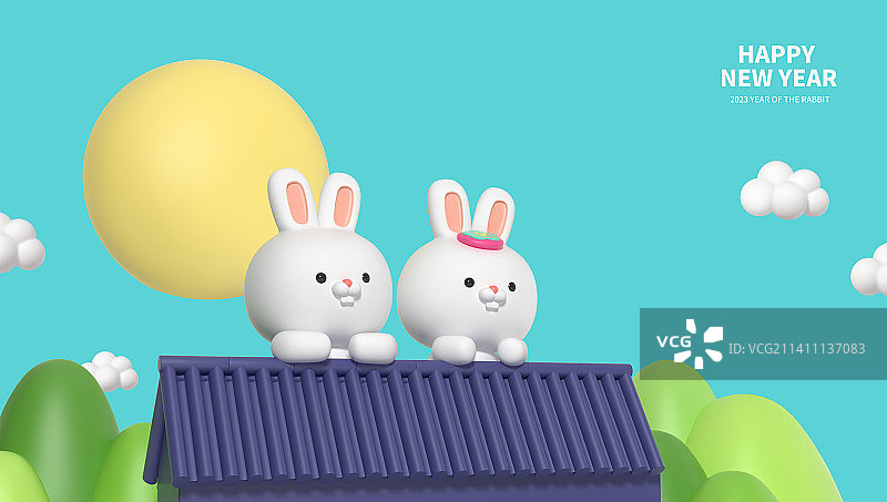 可爱的3D渲染兔子角色新年祝福图片素材