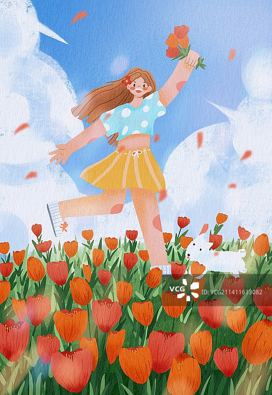 在花丛中跳舞的女孩 鲜花节海报图片素材