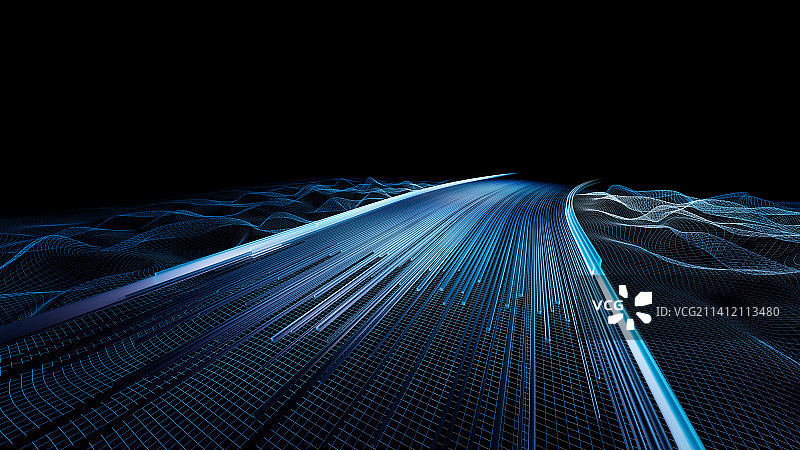 蓝色科技线条构成通向未来的道路，大数据传输概念背景图片素材