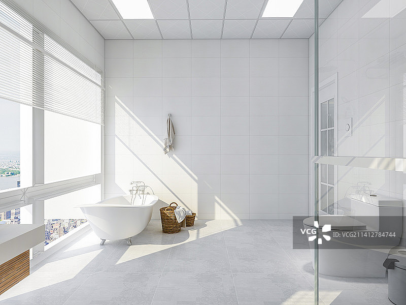 带有浴缸、马桶、洗手台的宽敞明亮的现代浴室设计图片素材