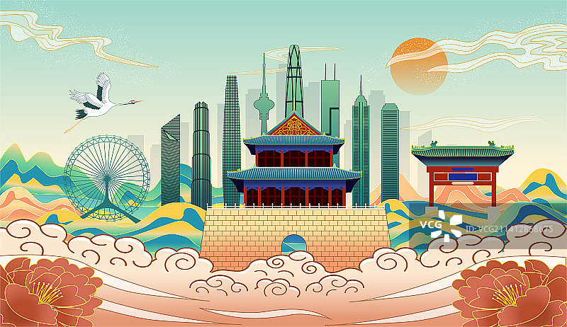 中国天津市城市复古国风海报插画图片素材