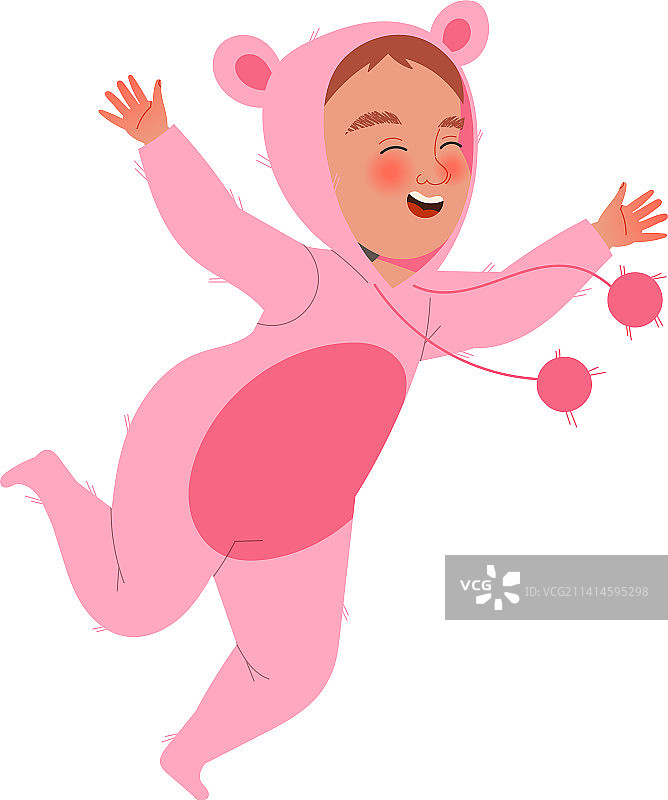穿着粉色连体衣的小男孩笑着跳起来图片素材