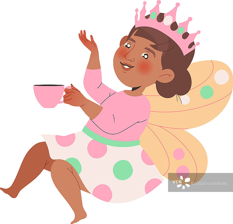 俏皮的赤脚小女孩戴着皇冠和图片素材