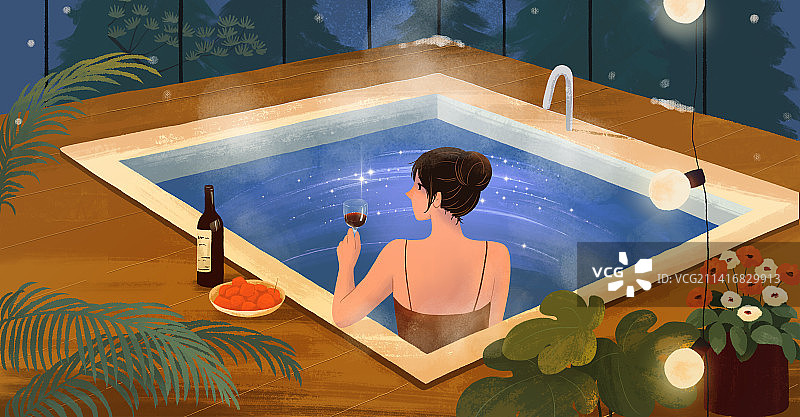 治愈系插画一个在夜晚泡温泉喝红酒的青年女性图片素材