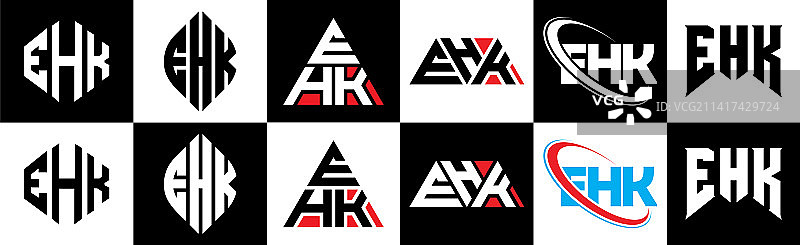 Ehk字母标志设计在六种风格的Ehk多边形图片素材