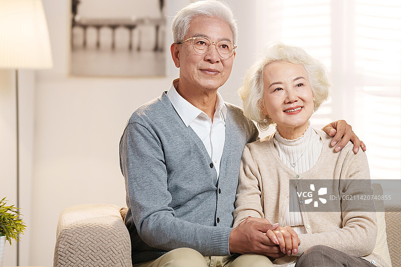 幸福的老年夫妇坐在沙发上图片素材