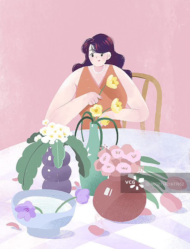 粉色女神节女人插花花卉插画图片素材