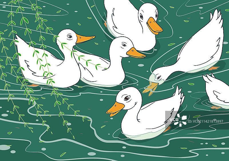 春江水暖鸭先知春天柳树发芽鸭子在河里嬉戏风景插画图片素材