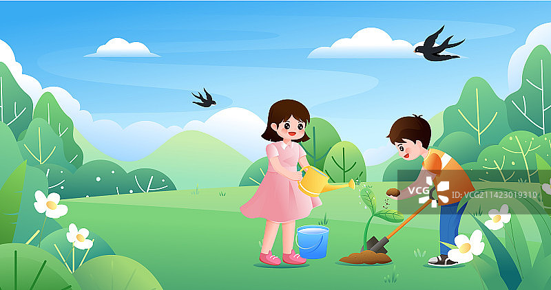 春天植树节儿童种植树苗矢量插画图片素材