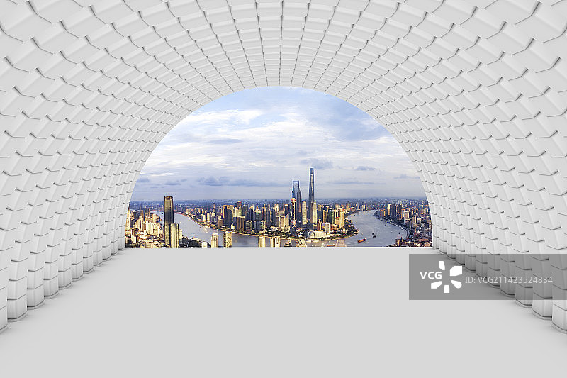 三维科技隧道空间远眺上海外滩陆家嘴城市天际线图片素材