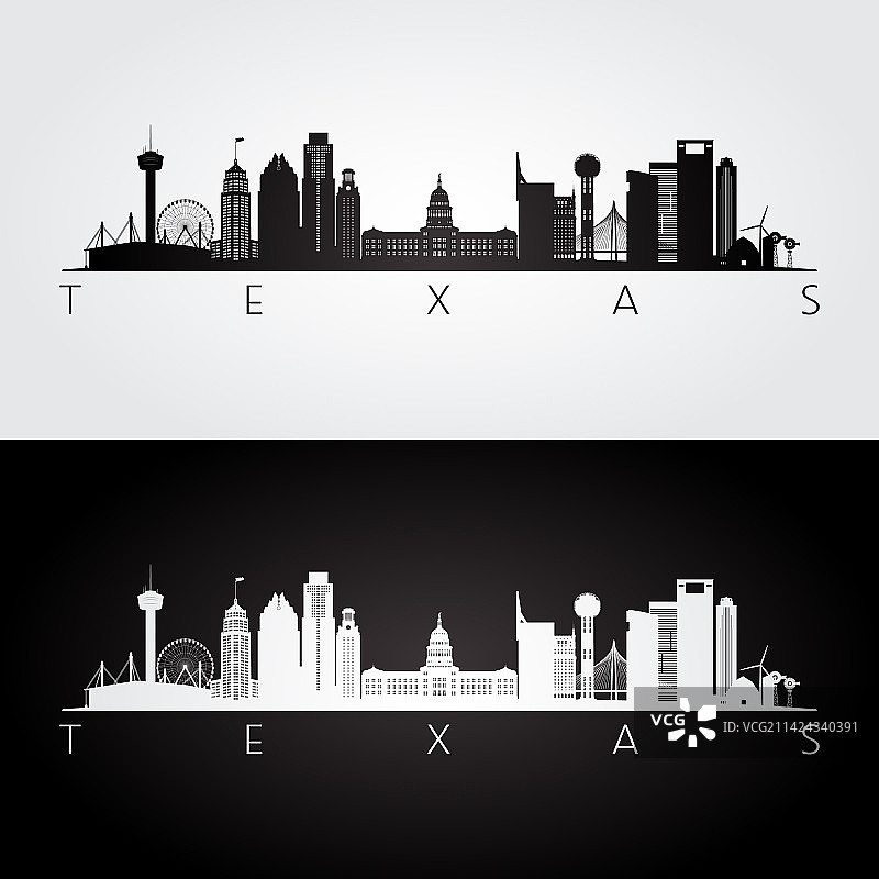 德克萨斯州的天际线和地标剪影图片素材