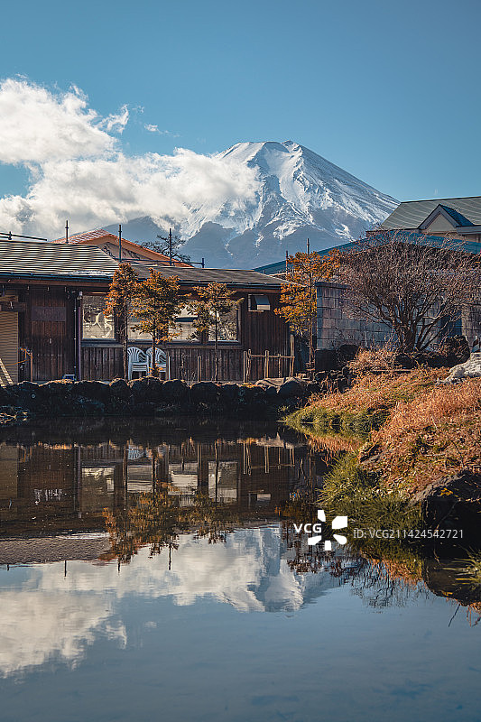 日本，忍野八海富士山的池塘倒影图片素材