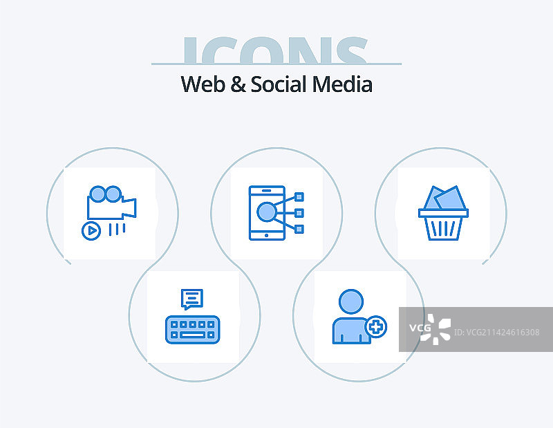 网络和社交媒体蓝色图标包5个图标设计图片素材