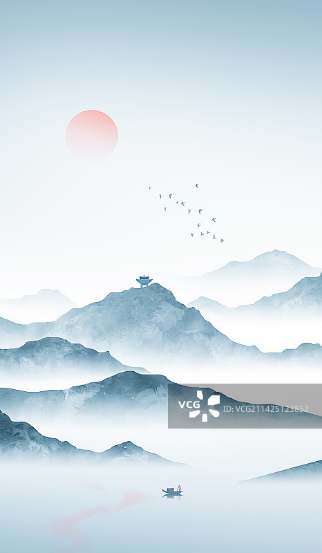 中国风竖版蓝色水墨山水风景画图片素材