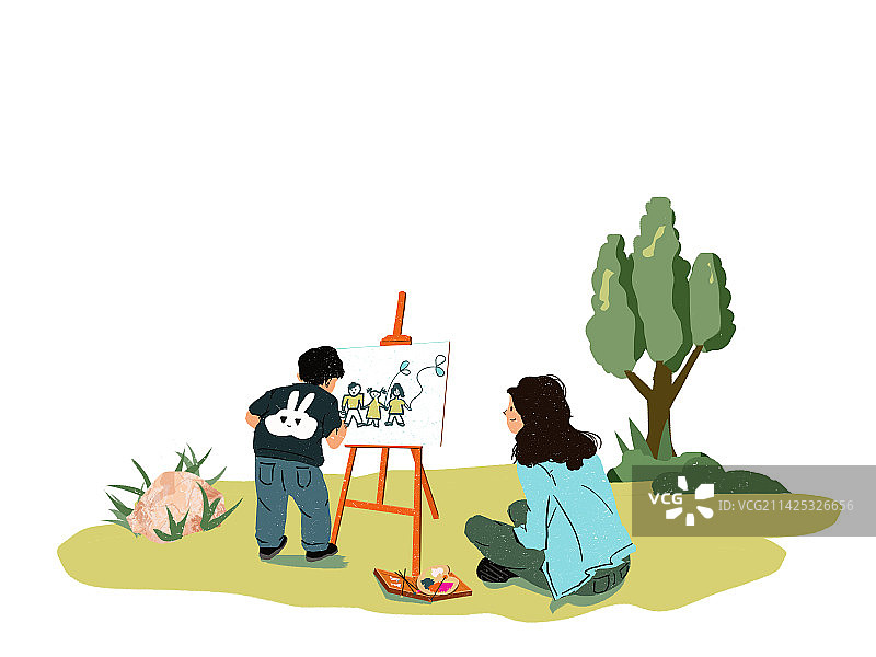春游季周末假期妈妈陪着孩子户外写生两个人快乐场景插画元素图片素材