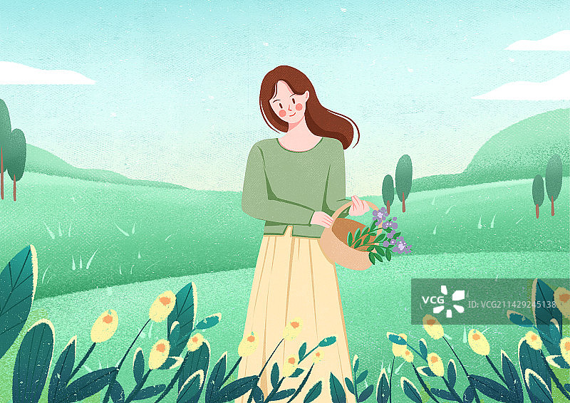 夏天户外女孩和植物清新文艺插画图片素材