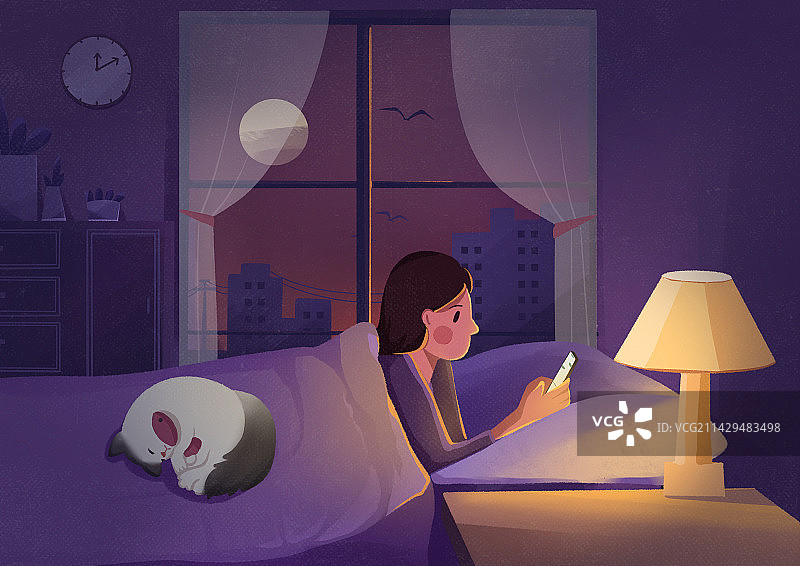 夜晚室内女孩独自一人躺在床上 玩手机插画图片素材
