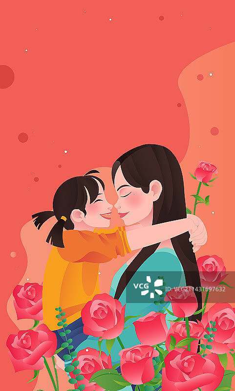 母亲节妈妈和女儿玫瑰花节日插画图片素材