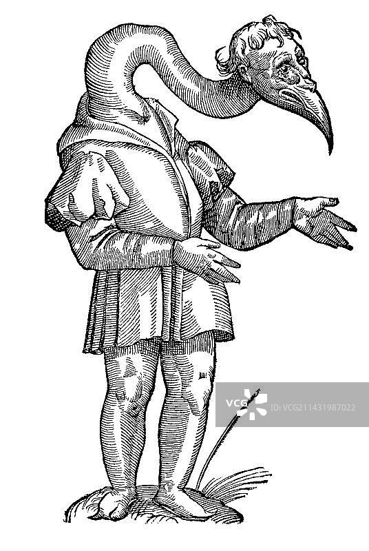 木刻，人，oreet collo gruis，脸和脖子像鹤的人，Aldrovandi，《怪物的历史》，1642年，文艺复兴图片素材