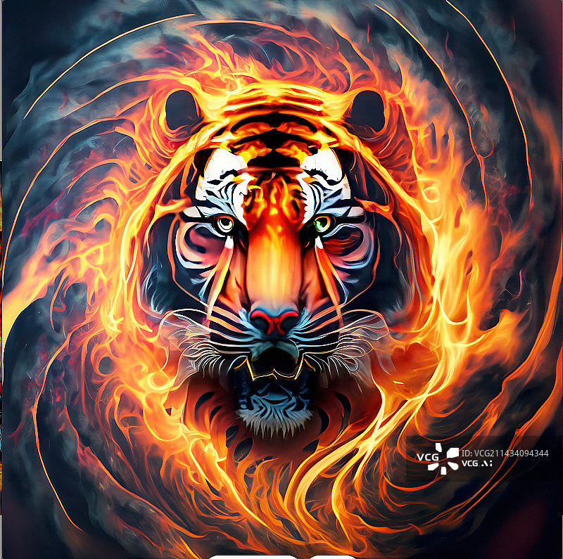 【AI数字艺术】烈火中的老虎图片素材