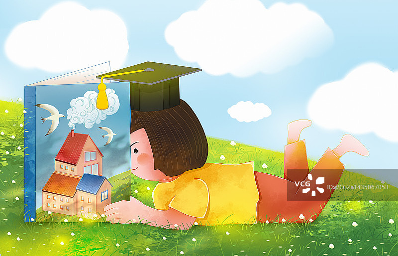 趴在草地上看图画书戴着学士帽的小女孩图片素材