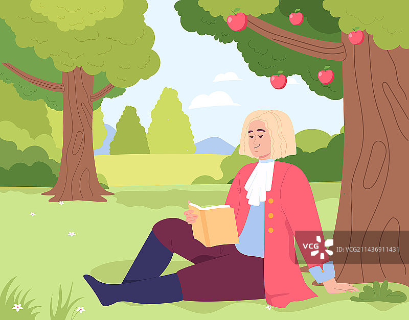 坐在苹果树下的卡通人物牛顿图片素材