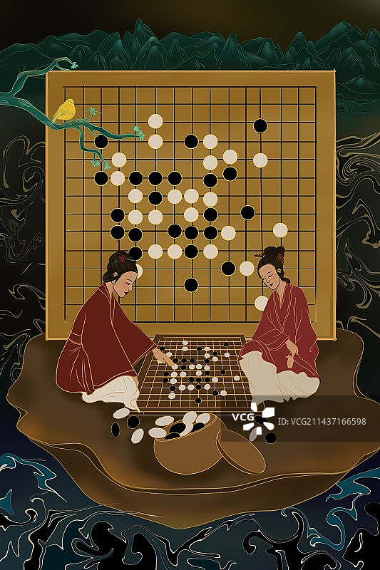 插画秋季下棋中国风图片素材