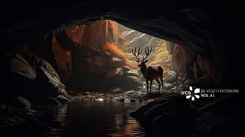 【AI数字艺术】洞穴中的鹿图片素材