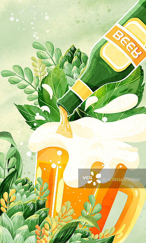 夏天啤酒杯啤酒瓶啤酒花绿色热闹畅饮啤酒节竖版插画图片素材