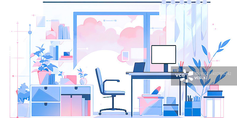 【AI数字艺术】扁平化插画设计，书房办公室，明亮的室内空间，落地玻璃窗和桌椅电脑书架盆栽植物图片素材