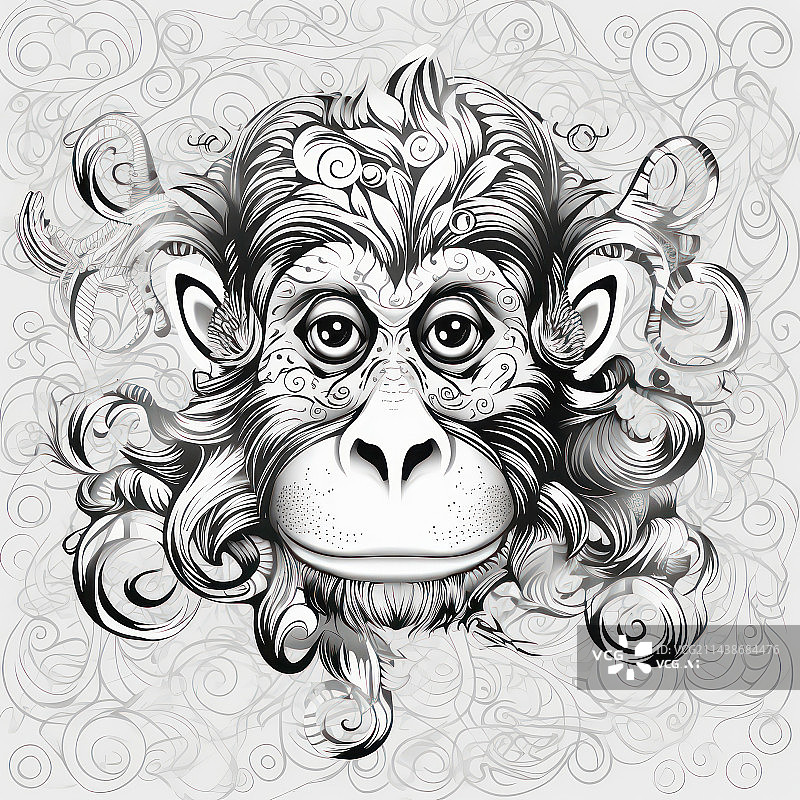 【AI数字艺术】十二生肖的铅笔素描效果-猴图片素材