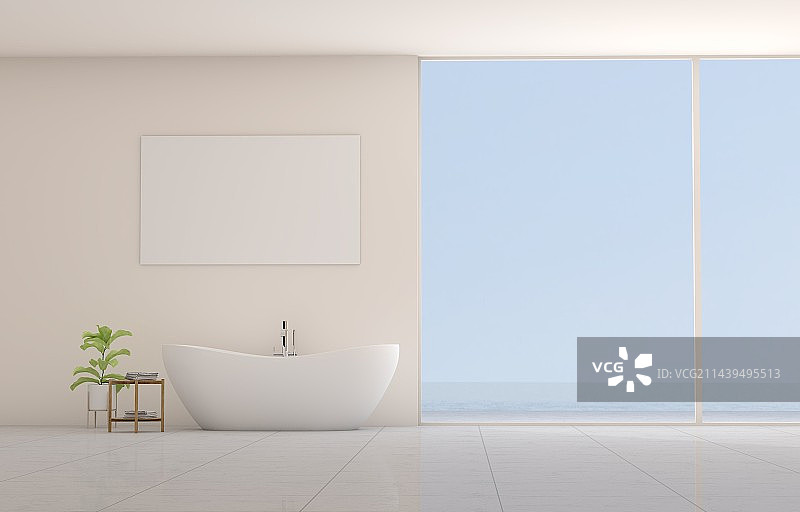 现代住宅或豪华泳池别墅的大浴室大理石地板上的浴缸图片素材