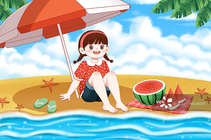 夏天插画沙滩上的女孩图片素材