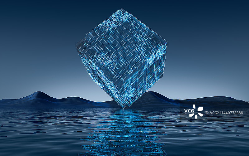 水面上的科技方块3D渲染图片素材