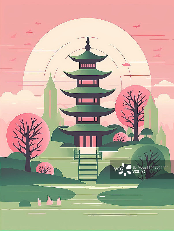 【AI数字艺术】扁平风复古中国城市旅游风景古建筑系列-粉色绿色系配色图片素材