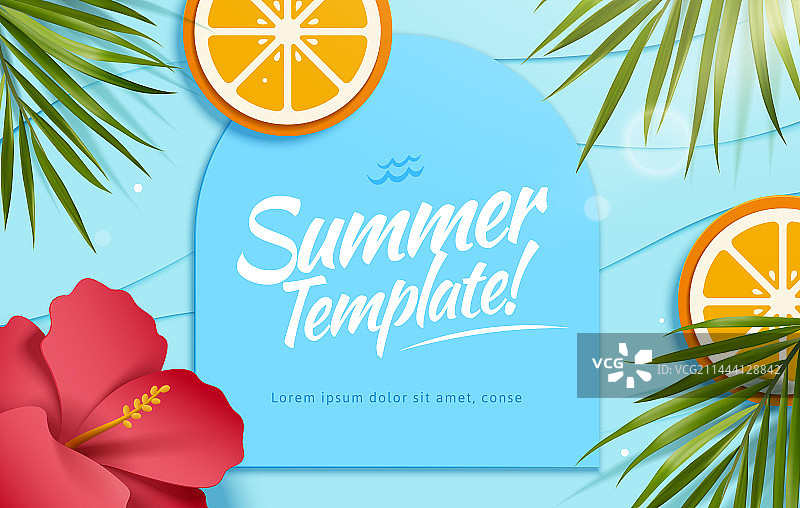 夏日横幅模板 剪纸风树叶木槿花与橘子装饰图片素材